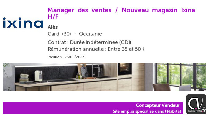 ConcepteurV's tweet photo. Offre d'emploi  Manager des ventes / Nouveau magasin - Ixina - Alès (30) https://t.co/6M61EDCGsk https://t.co/1w7s9Fs5Zx