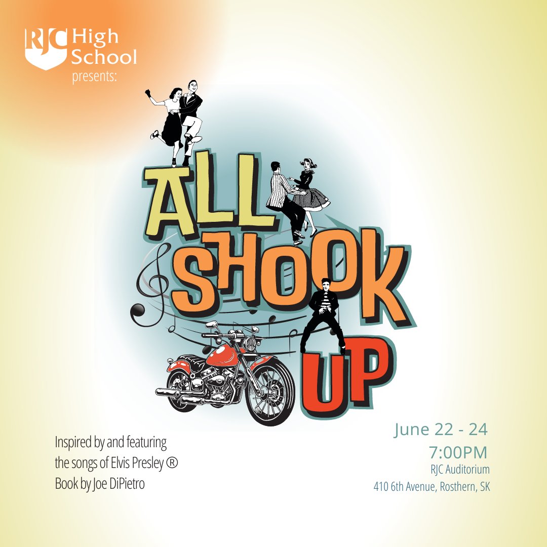 RosthernJC's tweet photo. Tickets for RJC's musical performance of 'All Shook Up' are now on sale! Tickets are available for purchase here https://t.co/oKvAY8c2iT… 

June 22-24, 2023 | 7:00pm 
$25 | Adults 
$15 | 17 &amp; under 
 
#RJCHighSchool #LifeatRJC #AllShookUpMusical #AllShookUp https://t.co/wNJYUNxEmL