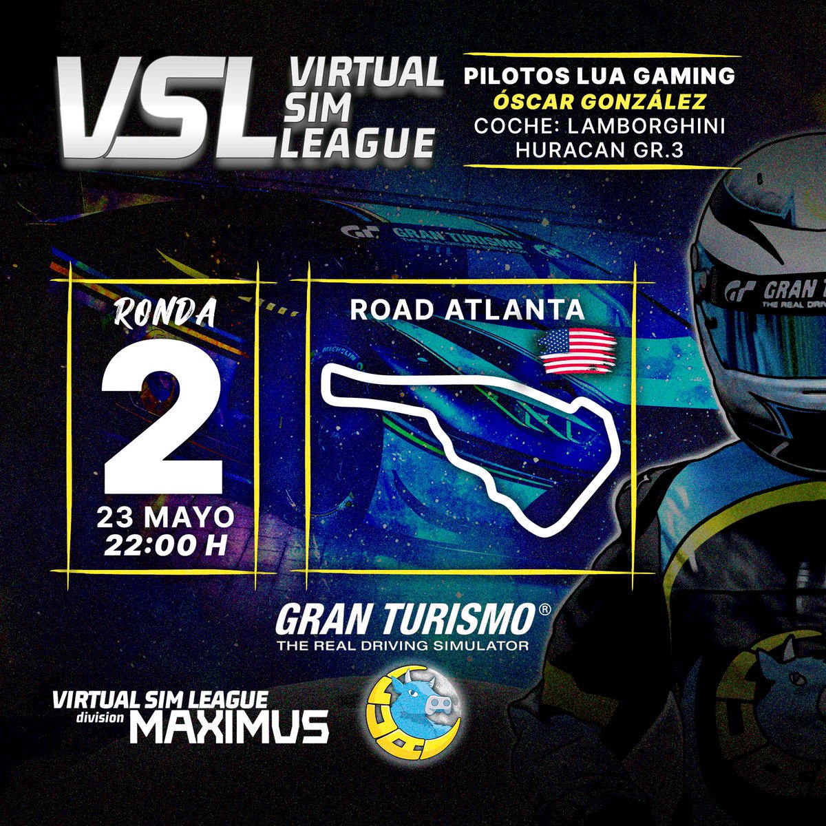 LUAGaming_'s tweet photo. 📣Martes de #Simracing

Hoy es el turno de @granturismo 🏎️💨

Esta noche @LUA_gposcar se medirá en la pista 🏁 de Road Atlanta para arrasar en la @titanium__Red 🚀

En LUA Gaming ya estamos calentando motores para apoyar a nuestro piloto 🌙🐮💙

📍Atlanta 🇺🇸
👤 Oscar González
🚘 Lamborghini Huracán Gr.3
⏰22:00
📺 https://t.co/5rT3429wqF
