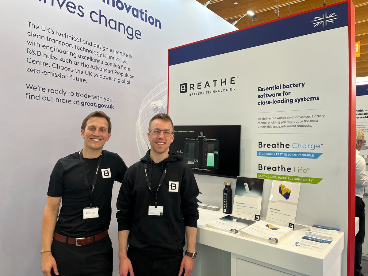 BreatheBT's tweet photo. We had a fantastic first day at @BatteryShow_EU in Stuttgart where we're exhibiting our battery enhancement software.
Drop by stand 10D30 to say hello Wednesday & Thursday this week
#UKPavilion #TheBatteryShow #batteries #batterytechnology #futureisclean https://t.co/GdcoznPTQc
