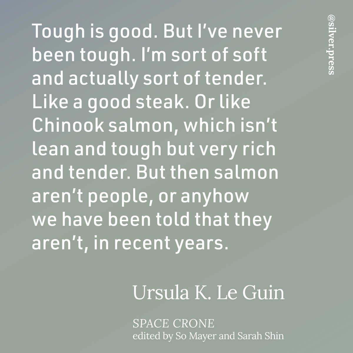 Insight into @ursulakleguin's multi-species feminist consciousness 🐟

From SPACE CRONE by Ursula K. Le Guin, edited by @Such_Mayer and Sarah Shin silverpress.org/collections/al…