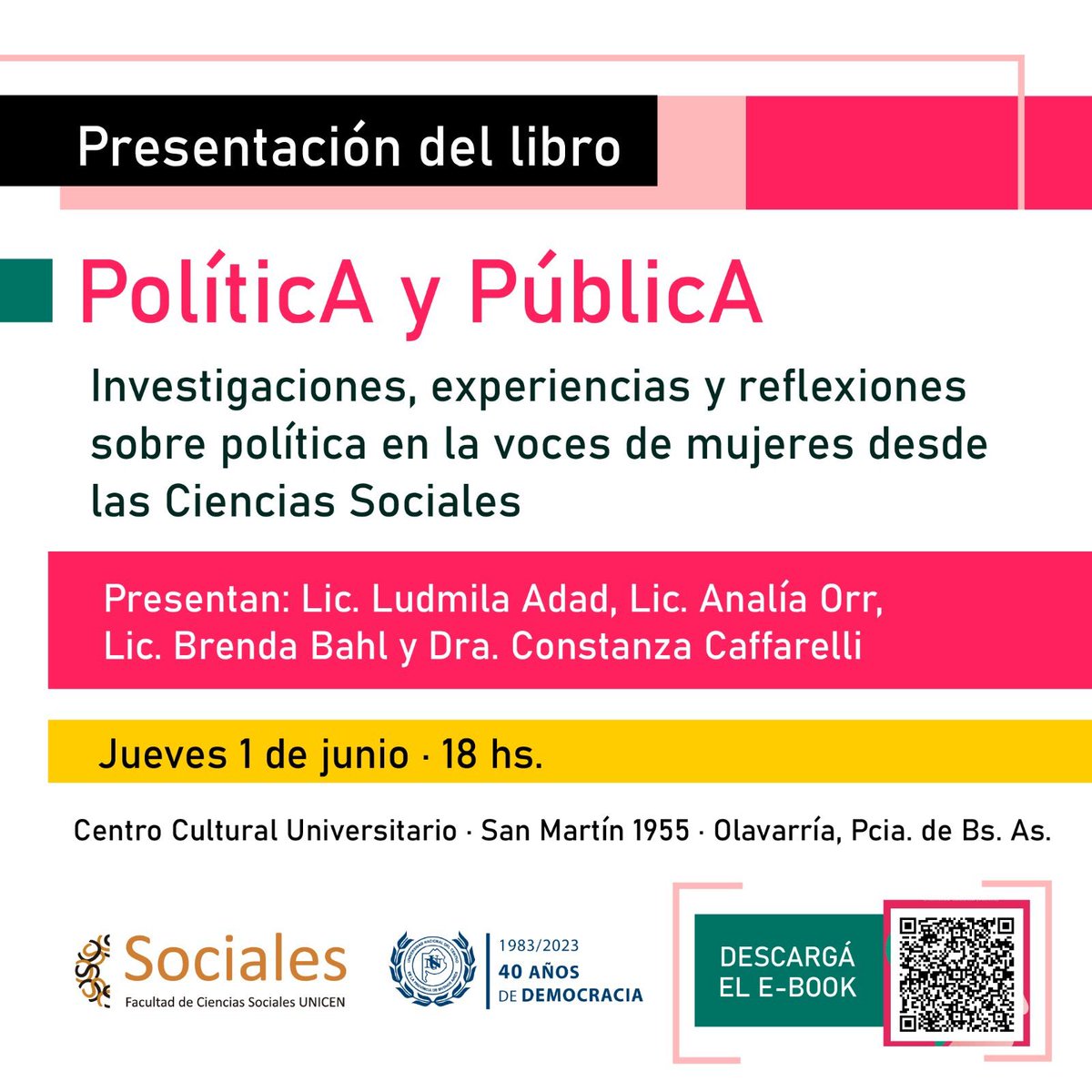 📣 Presentamos el e-book *PolíticA y PúblicA* 💟 

📅 Jueves 1 de junio 🕕 18 horas 

📌 Centro Cultural Universitario. 
San Martín 1955. Olavarría, PBA, Argentina.

Una obra colectiva sobre política y género 💜🏳️‍🌈 hecha por científicas argentinas 🇦🇷

¡Les esperamos! 💜💯💪🏳️‍🌈🙌✨
