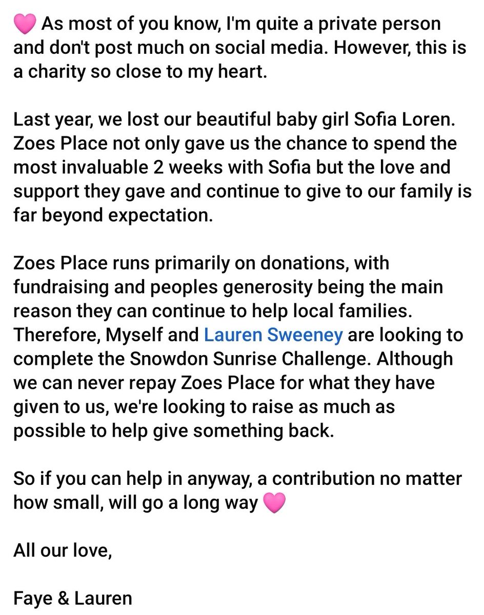 Myself & my wife Faye are taking part in the Snowdon Sunrise Challenge for a charity so close to our heart 💞
If you can help in anyway, contributions no matter how small, will go a long way 💕

zoesplacecommunity.enthuse.com/pf/lauren-swee…

#Babylossawareness
#Snowden
#Zoesplace
#fundraiser
#Charity