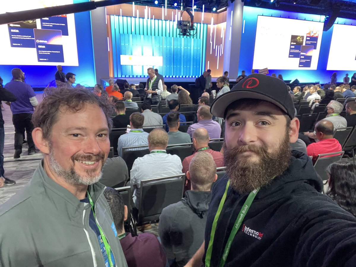 #MSBuild keynote starting in 15 minutes <a href="/kippdunn/">Kipp</a> with the <a href="/InfernoRedTech/">InfernoRed Tech</a> swag and I ready up front!