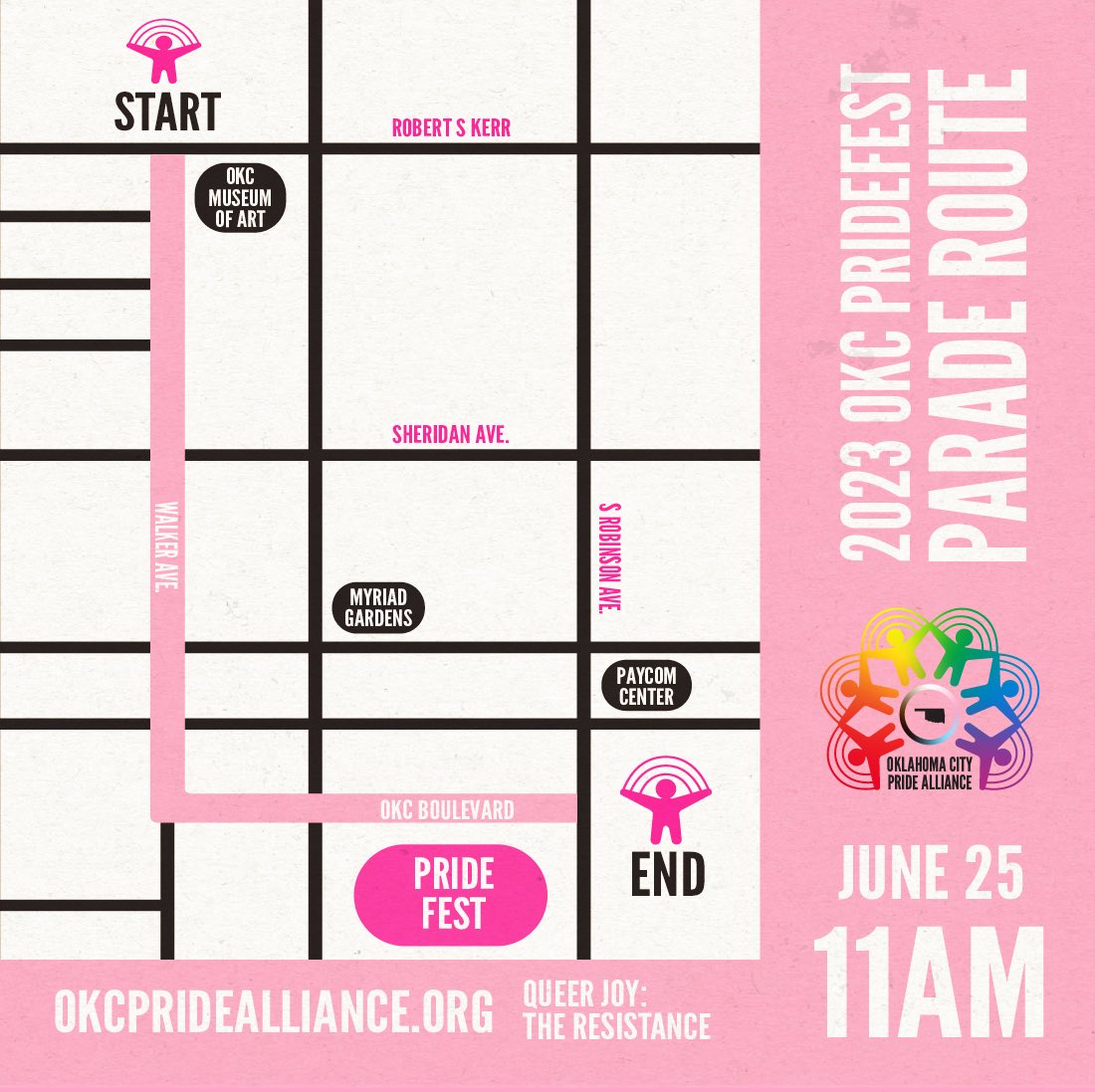 okpridealliance's tweet photo. The Pride Alliance Parade returns to Downtown OKC for the third year in a row! We have moved our parade to Sunday from 11-12PM 🙌🏾

📍The Parade will begin on Walker Ave from Robert S Kerr and Ending at South Robinson Ave!  

Register for the Parade on our website by June 9th! https://t.co/E8VxEcURVT