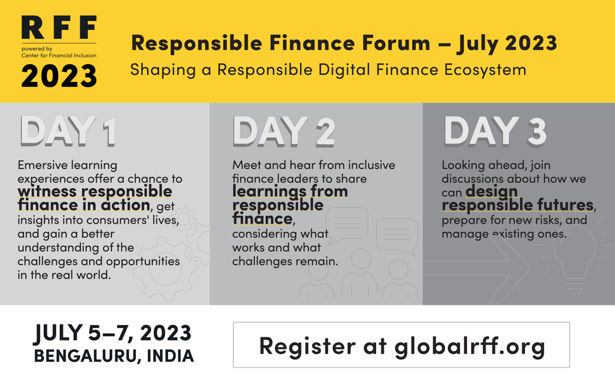 CFI_Accion's tweet photo. Witness #responsiblefinance in action July 5-7 in #India as we address the #consumerrisks faced by financial systems & low-income people.
Register today and join committed industry experts in discussing the most pressing issues facing our industry: https://t.co/gL3qluzNqq https://t.co/PTlrtYw6fI