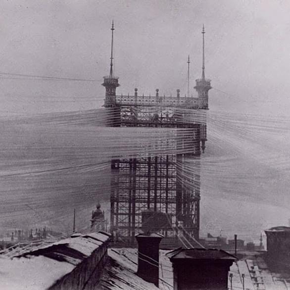 The Stockholm Telephone Tower with approximately 5,500 telephone lines in 1890.

After being built in 1887, the tower was quickly made obsolete as telephone companies began using underground cables in urban areas. 

In 1913, underground telephone cabling was fully completed, and