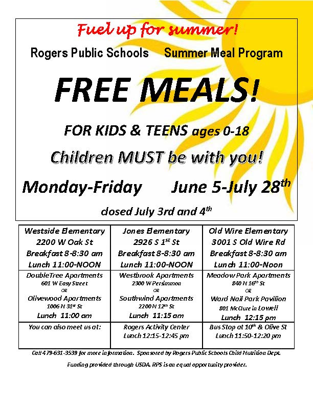 RogersSchools's tweet photo. Check out the schedule for free summer meals for children 18 years and younger! https://t.co/qS5yigTghX