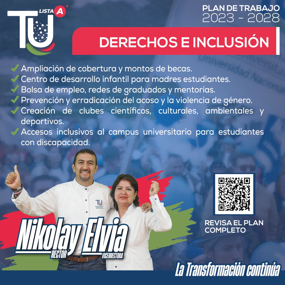 NikolayAguirre's tweet photo. Nuestro primer eje de trabajo para continuar la transformación en este período 2023 - 2028, es la lucha por los derechos e inclusión de todos los estamentos universitarios. ¡Juntos lo vamos a lograr, compañeros! @tueresunl 

#NikolayElvia2023 
#LaTransformaciónContinúa https://t.co/YGLvhcccAV