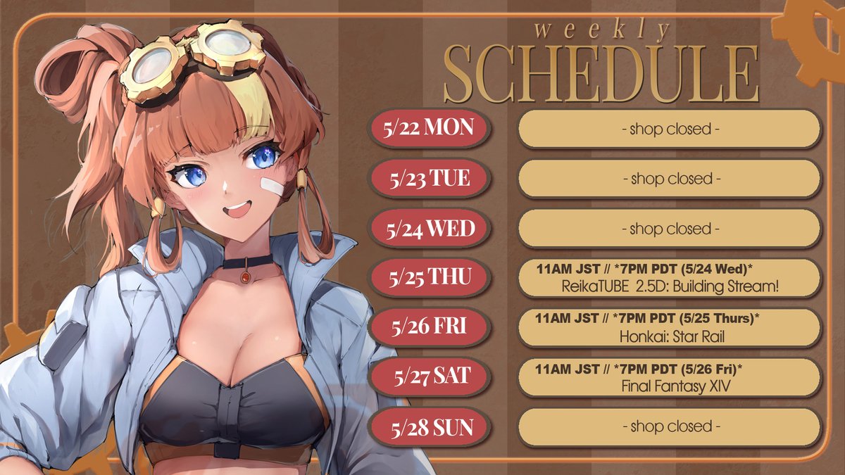 ReikaAKAVirtual's tweet photo. ⚙️#TodoReiSchedule May 22nd - May 28th!⚙️
Let's play~❤️🔥
🔧 https://t.co/raEI7EtcuJ
⚙️#todorei
🎨#todoreiart
#VTuberUprising #ENVtuber https://t.co/Y3n8LZAVcS