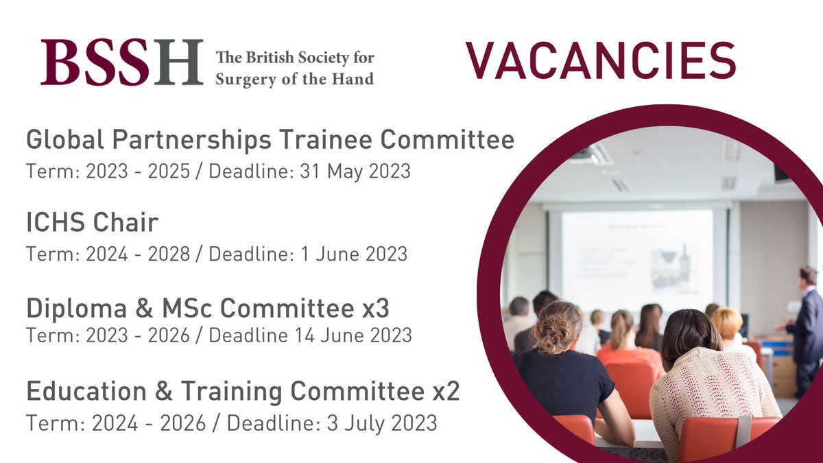 📣 BSSH Committee vacancies 📣 

Being part of a BSSH Committee can be very rewarding. You could be making a real difference in the education of hand surgery.

Find out more about our current vacancies: buff.ly/3ntjH87

Please share with your colleagues!