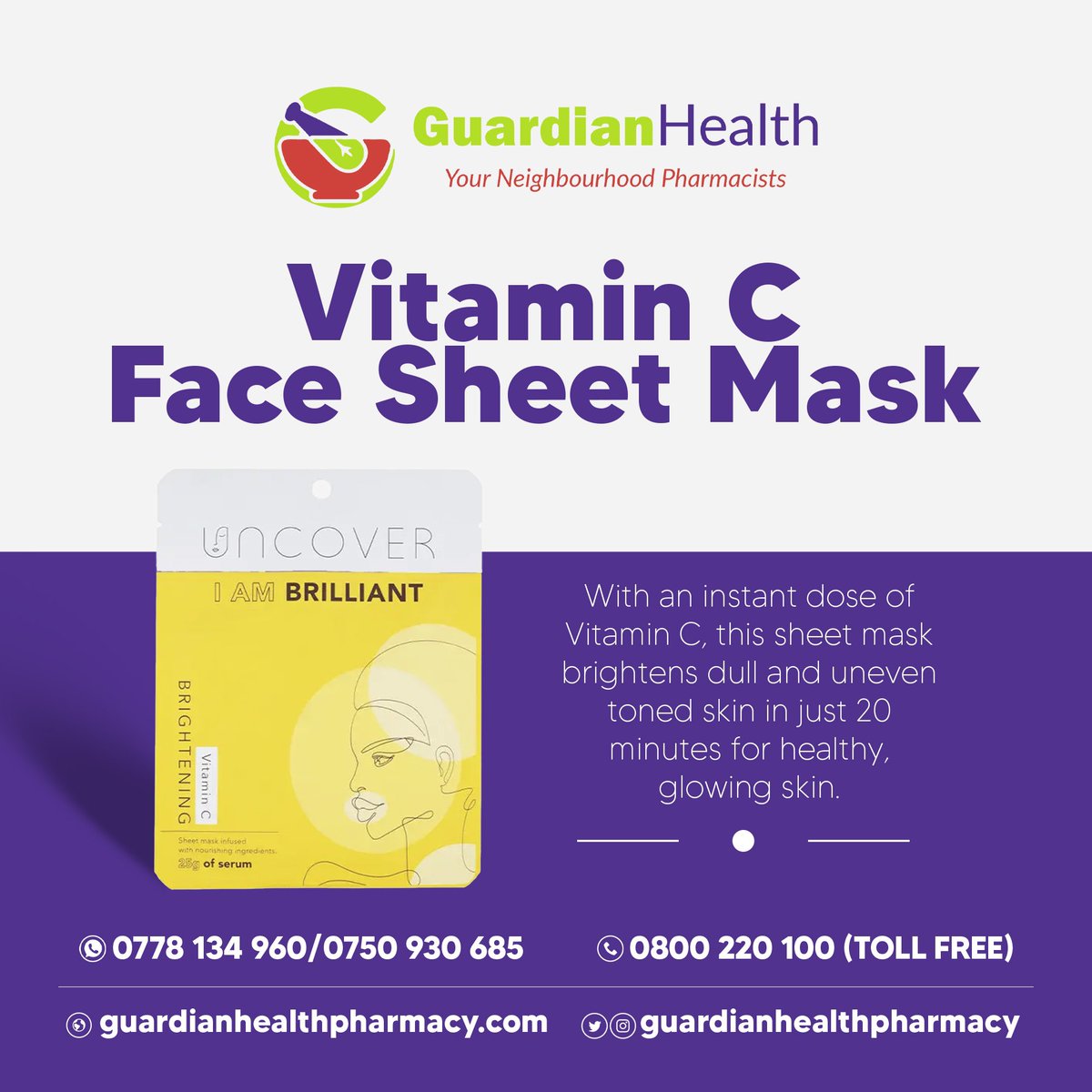Get your Korean skin care at an affordable price in neighbourhoods across Uganda!

Uncover’s I Am Brilliant vitamin C brightening face sheet will have you saying buh-bye to those dark spots and a dull skin complexion.

Order yours at wa.me/256778134960