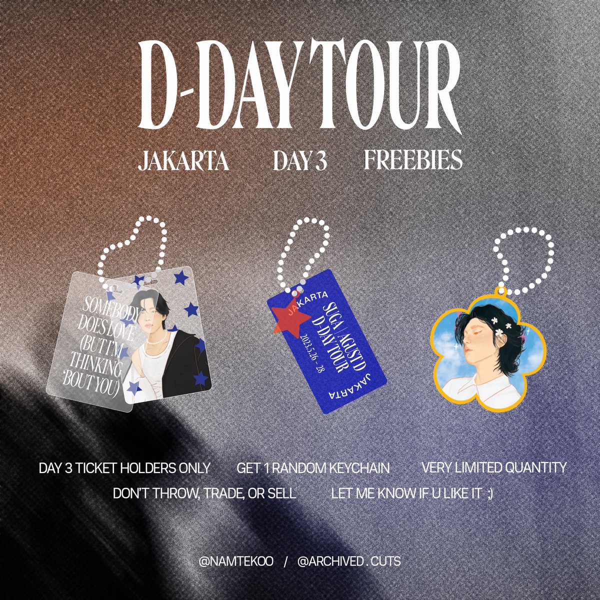 namtekoo's tweet photo. d-day tour in jakarta freebies 
by: namtekoo / archived.cuts
#SUGA_AgustD_TOUR_in_Jakarta 

📅 may 28, 2023 [DAY 3]
📍 TBA

rules on pic!
and also pls say hi and show me this pic! (i'm actually TOO shy to approach ppl😭😭)

see youuuu 💙🧡 https://t.co/Lpz42SuNd5