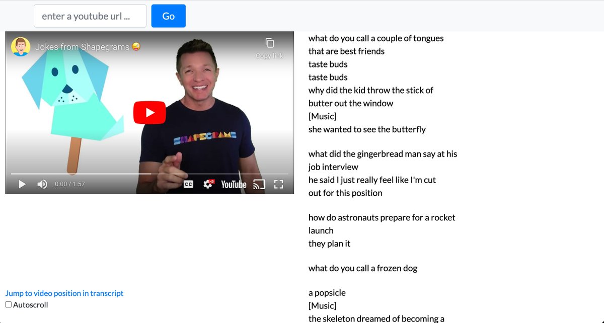 📺 Paste a URL into YouTubeTranscript.com to display the video and transcript side-by-side. Words are bolded as the video plays. Click a line to jump to the part of the video. You can copy the transcript to use elsewhere. (via <a href="/ericcurts/">Eric Curts</a>)

Example:
youtubetranscript.com/?v=mNMaAv1gH-o