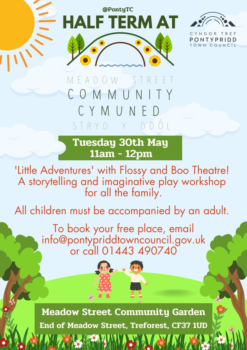 Next week at Meadow Street Community Garden, Flossy and Boo Theatre will be running Little Adventures, a workshop suitable for all the family.
Create new stories and discover new worlds through craft, drama and play. To to book your place! Email info@pontypriddtowncouncil