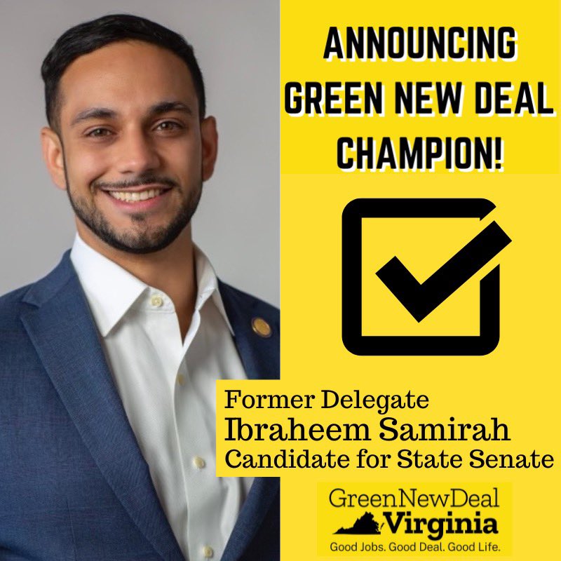 I am proud to announce that I am the only candidate recognized as a Green New Deal Champion in the Democratic primary for Virginia’s 32nd District by @GreenNewDealVA.

I look forward to fighting for a Virginia Green New Deal in the State Senate. #SD32