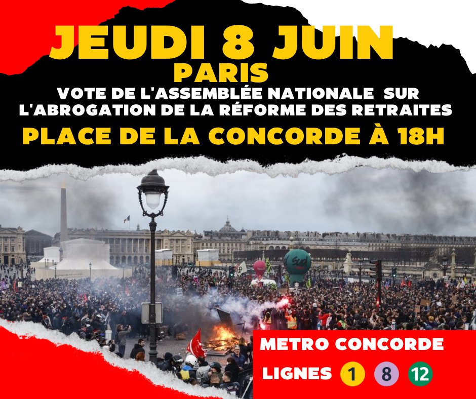 🔴 Appel a la mobilisation générale le 8 Juin contre la #ReformeDesRetaites
et Emmanuel Macron ! 🔴

Après le mouvement historique que l'on vient de vivre, passons la vitesse supérieure.

Tous dans la rue à partir du 8 juin !
#Un8JuinEtCaRepart ! 

#LIOT 
#Vertbaudet
#DirectAN