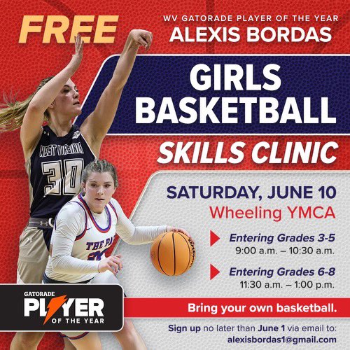 For the second year in a row, I’m hosting a free basketball skills clinic June 10th at the Wheeling YMCA. I am very grateful to be able to share some of what I have learned with younger girls and hope I can help them improve their game! Details below! I hope to see you there!