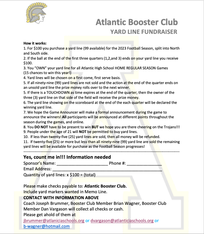 Trojan Football (@atltrojanfb) on Twitter photo 1st Annual Football Yard Line Sale! $100 gets you a yard line for the entire season at each High School home game. If the ball ends on that yard line during the 1st, 2nd, or 3rd quarter you WIN!! Details included below!! <a href="/CoachBrummer/">Coach Brummer</a> <a href="/DVargason/">Dan Vargason</a> 1st Annual Football Yard Line Sale! $100 gets you a yard line for the entire season at each High School home game. If the ball ends on that yard line during the 1st, 2nd, or 3rd quarter you WIN!! Details included below!! <a href="/CoachBrummer/">Coach Brummer</a> <a href="/DVargason/">Dan Vargason</a>
