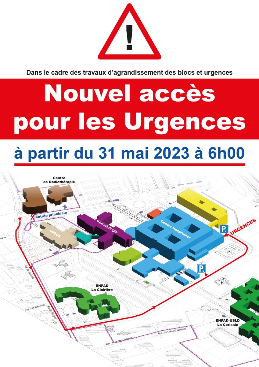 cham45200's tweet image. Attention : dans le cadre des travaux d&apos;agrandissement du centre hospitalier, l&apos;accès au service des Urgences va être modifié à partir du mercredi 31 mai 2023 à 6h, jusqu&apos;au printemps 2024.
Une signalétique dédiée sera mise en place.
