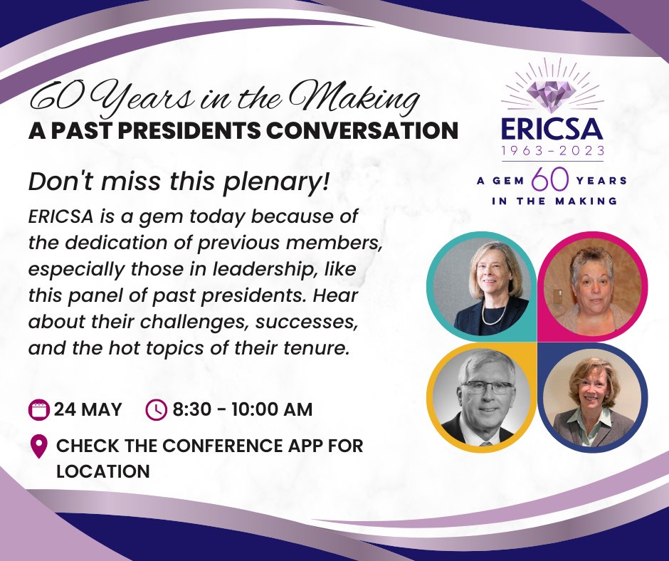 Grab a bite to eat, mingle in the Exhibit Hall, then find a good seat for this once in a lifetime plenary.  Hear how things have changed over the years...and maybe remained the same in some ways.  This is sure to be a highlight of the conference!  
#ERICSA60th