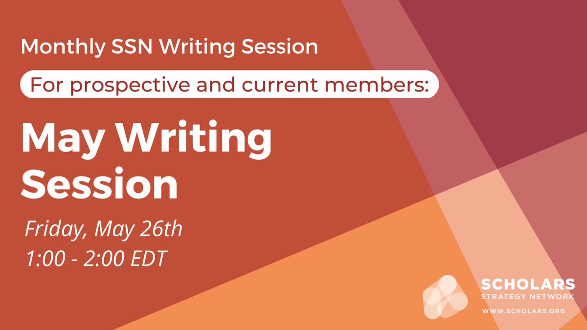 Scholars Strategy Network NYC (@scholars_nyc) on Twitter photo 🗣️ Calling scholars interested in writing for policy impact:
Join <a href="/SSNScholars/">Scholars Strategy Network (bsky: @scholars.org)</a>' May writing session to work on media or policy pieces w/ like-minded scholars on Fri, May 26th, 1-2 pm ET. Writing sessions will be lightly programmed.
scholars.my.salesforce-sites.com/event/home/ssn… 🗣️ Calling scholars interested in writing for policy impact:
Join <a href="/SSNScholars/">Scholars Strategy Network (bsky: @scholars.org)</a>' May writing session to work on media or policy pieces w/ like-minded scholars on Fri, May 26th, 1-2 pm ET. Writing sessions will be lightly programmed.
scholars.my.salesforce-sites.com/event/home/ssn…