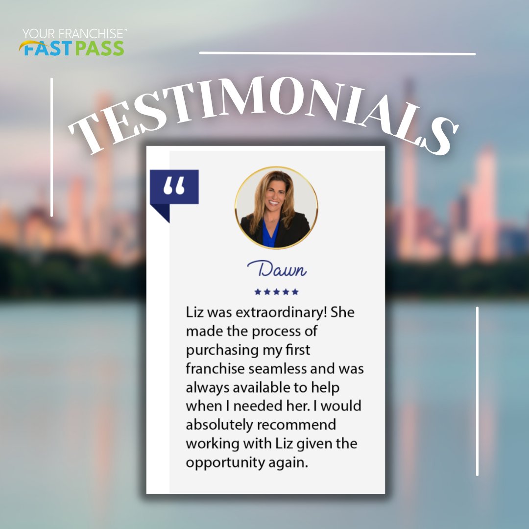Thanks, Dawn! It was a pleasure working with you to help you find your perfect fit. 

Call now to book a free consultation: (866)-716-8077

#YourFranchiseFastPass #FastPassYourSuccess #FranchiseOpportunities #OwnYourBusiness #EntrepreneurFirst #BeYourOwnBoss #FranchiseSuccess