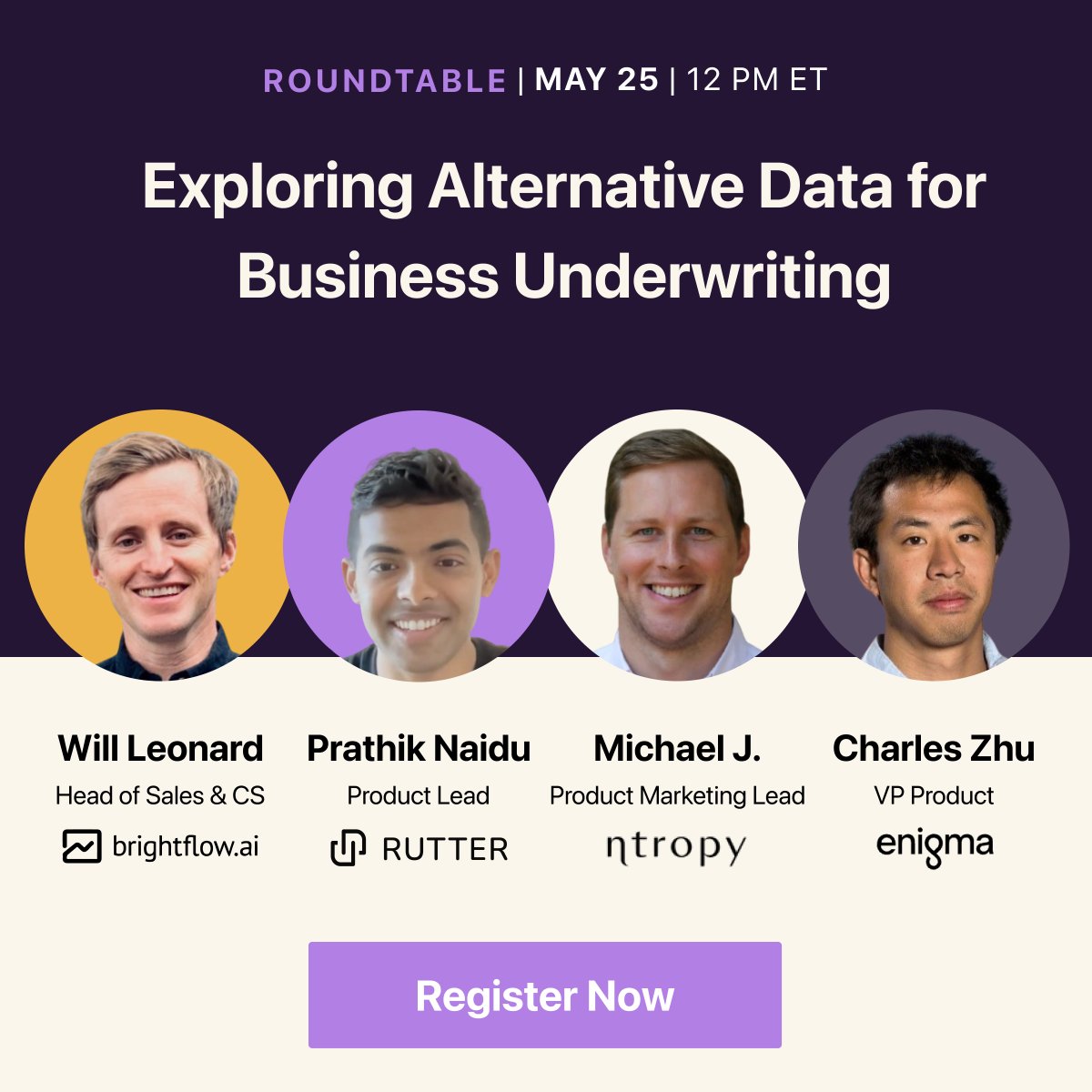 On Thursday, May 25 at noon ET our VP of Product at Enigma, Charles Zhu, will join @RutterAPI , @brightflow_ai and @ntropy_dev for a roundtable. We'll explore the role of alternative data in enhancing risk assessment accuracy. Register here: bit.ly/432OxUz