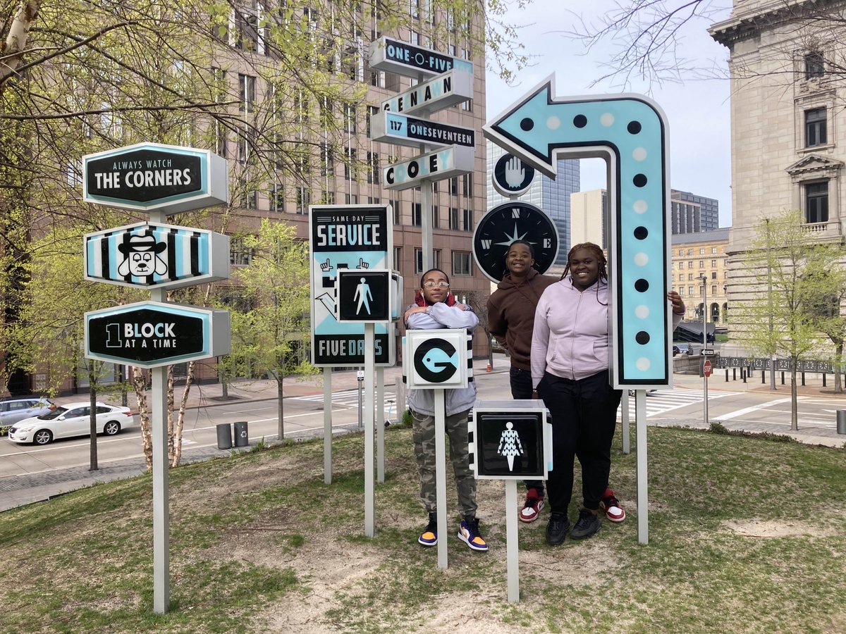 I spoke with Cleveland students Miana Sims, Chase Kirksey, and Nazyair Lewis, who like to meet at their favorite spot in @DowntownCLE, which is this installation. I complimented their good taste since it’s the best public art piece in @CLEPublicSquare Photo: April 27, 2023.