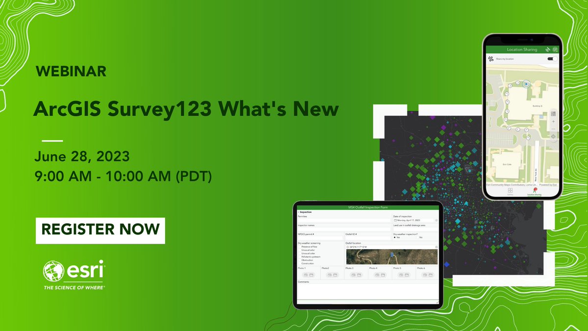 Join us on June 28th to learn what's new in #ArcGIS #Survey123. Register now: esri.social/WRw450Os6Bx

Discover location sharing and smart camera assistants in the mobile app, a new slider question for the Survey123 web designer, and more! 🤩