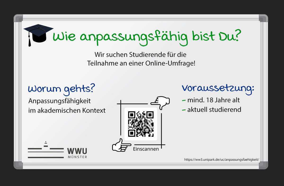 Hiii, ich bräuchte Teilnehmende für eine Studie. Voraussetzung ist, dass man studiert und über 18 ist. Thematisch geht es um Anpassungsfähigkeit im akademischen Kontext. 👩🏻‍🎓 #Studie

Danke im Voraus. 🩵

👉🏼 ww3.unipark.de/uc/anpassungsf…