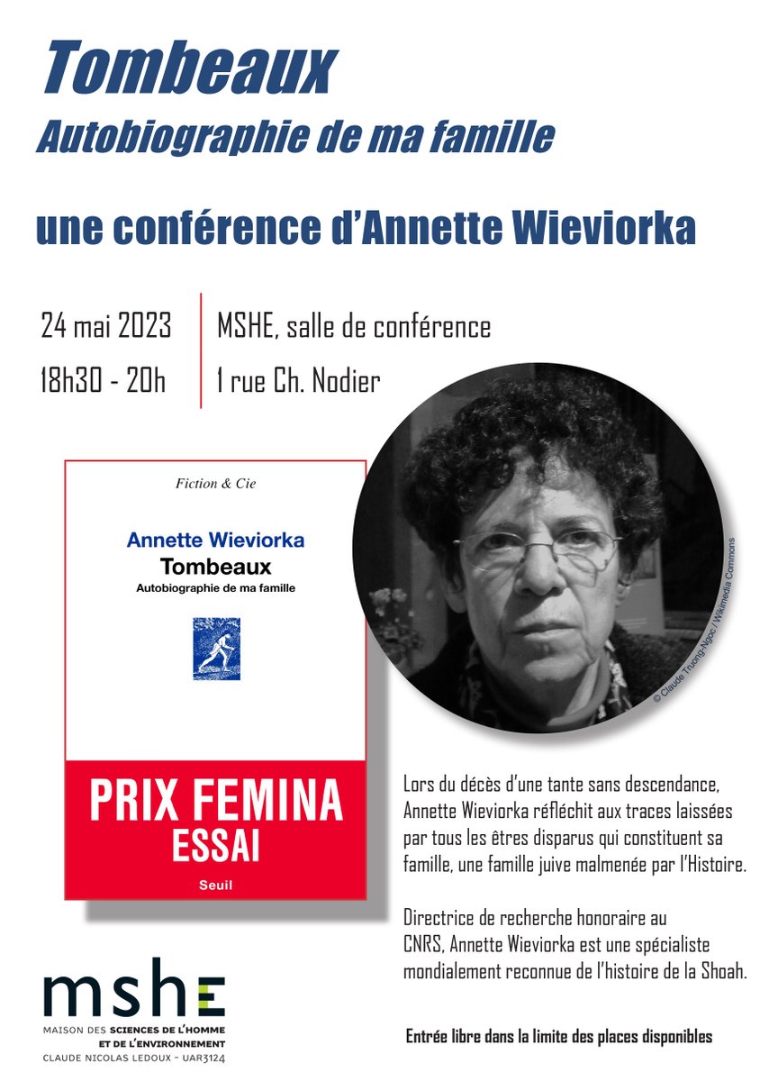 La conférence d'Annette Wieviorka autour de son dernier livre 'Tombeaux. Autobiographie de ma famille' @EditionsduSeuil #prixFemina Essai 2022, c'est demain 24 mai à 18h30
