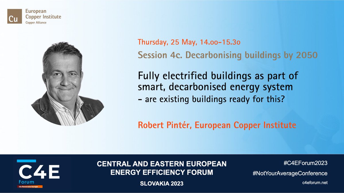 ica_copper's tweet photo. 🗓️ Thursday, 25 May 2 p.m. CEST

🔋 Fully electrified buildings as part of smart, decarbonized energy system — are existing buildings ready for this?

🗣️ @RobertPintr1, Green &amp; Healthy Buildings Manager, EU https://t.co/3e8ndoVeVc