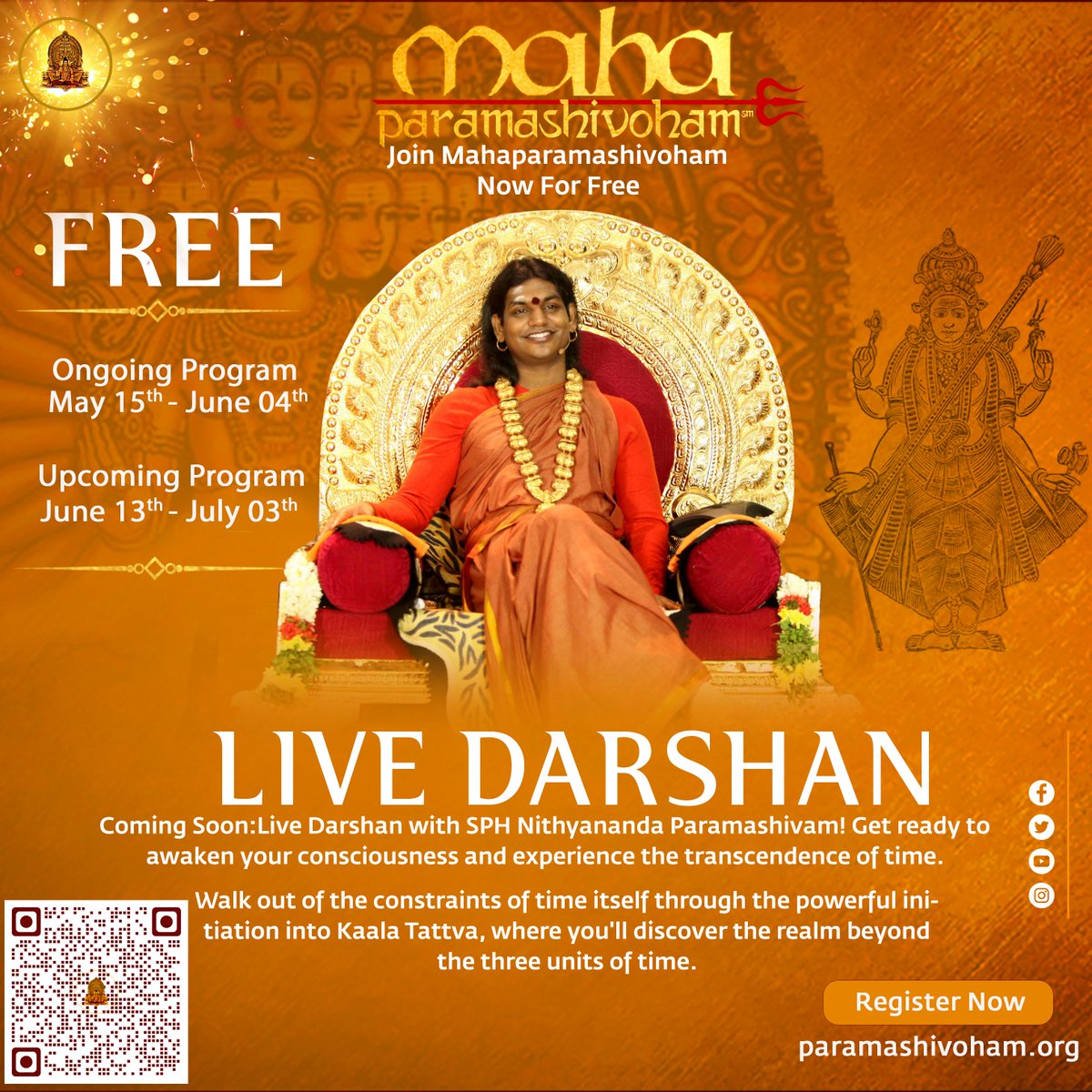 Coming Soon: Live Darshan with SPH Nithyananda Paramashivam! Get ready to awaken your consciousness and experience the transcendence of time. Walk out of the constraints of time itself through the powerful initiation into Kaala Tattva, where you'll discover the realm beyond the