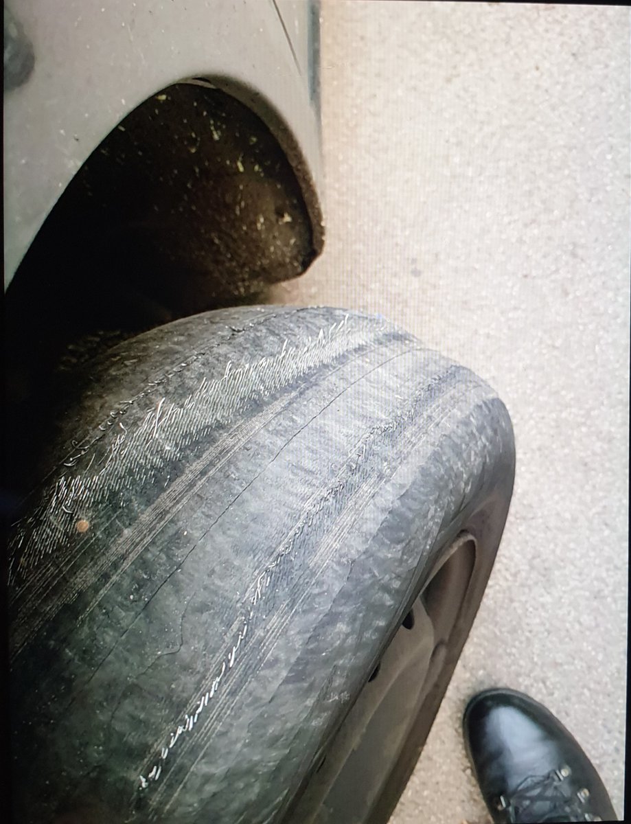 A Fiat Punto was stopped M6 Preston for speeding 

The vehicle was prohibited for these tyres 

The driver stated they were planning to get them done tomorrow 

Reported for summons 

#T3TacOps #tyresafety #PG9