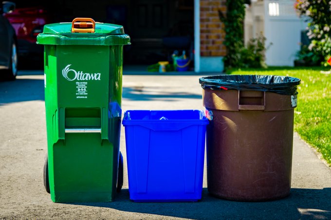 From left to right, a green bin, a blue bin, and a regular waste bin are lined up in the front of a driveway ready for collection.