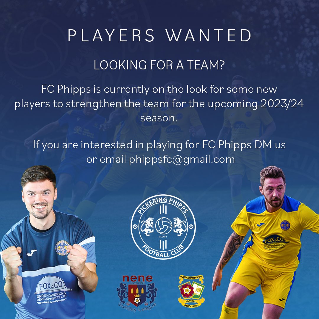 Looking to play football next season or in look for a new team? DM us today to come play for the Phipps #upthephipps 

#newplayers #football #northamptonfootball #sundayleaguefootball