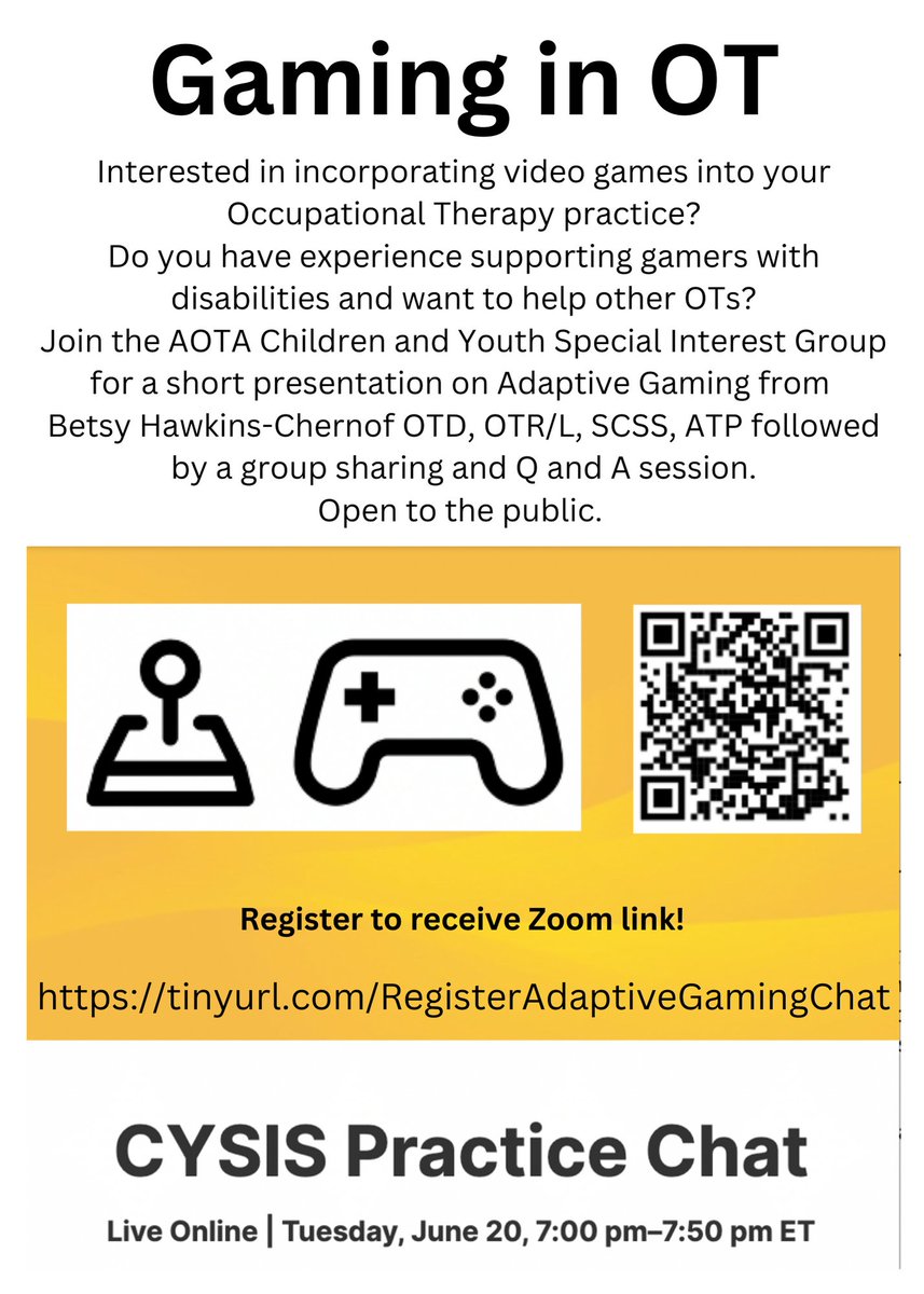 I'm presenting &amp; facilitating a practice chat on June 20th at 7pm EST on adaptive gaming in Occupational Therapy. RSVP for Zoom link! lnkd.in/e5dF6CdF #aota #InclusiveGamingPartners #inclusivegamer #SoEveryoneCanGame #OccupationalTherapy #adaptivegaming