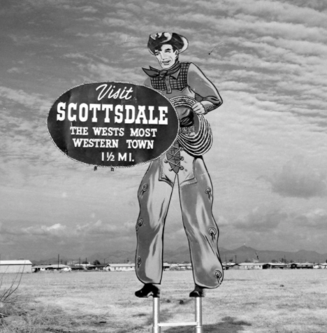 In the 50s, Scottsdale had more than one of these cowboy signs promoting what was billed as "The West's Most Western Town." There is one cowboy still standing at Scottsdale Road and Main Street. And the tagline is often mocked as out-of-date and never true.