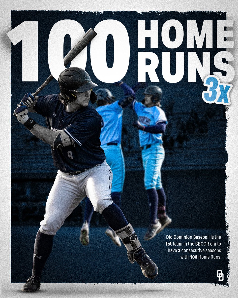 ODUBaseball's tweet photo. ODU becomes the first @NCAABaseball Division I team to hit 100 home runs in 3 straight seasons since the start of the BBCOR era.

#ODUSports | #ReignOn | #Monarchs https://t.co/WtotB2Oa5f