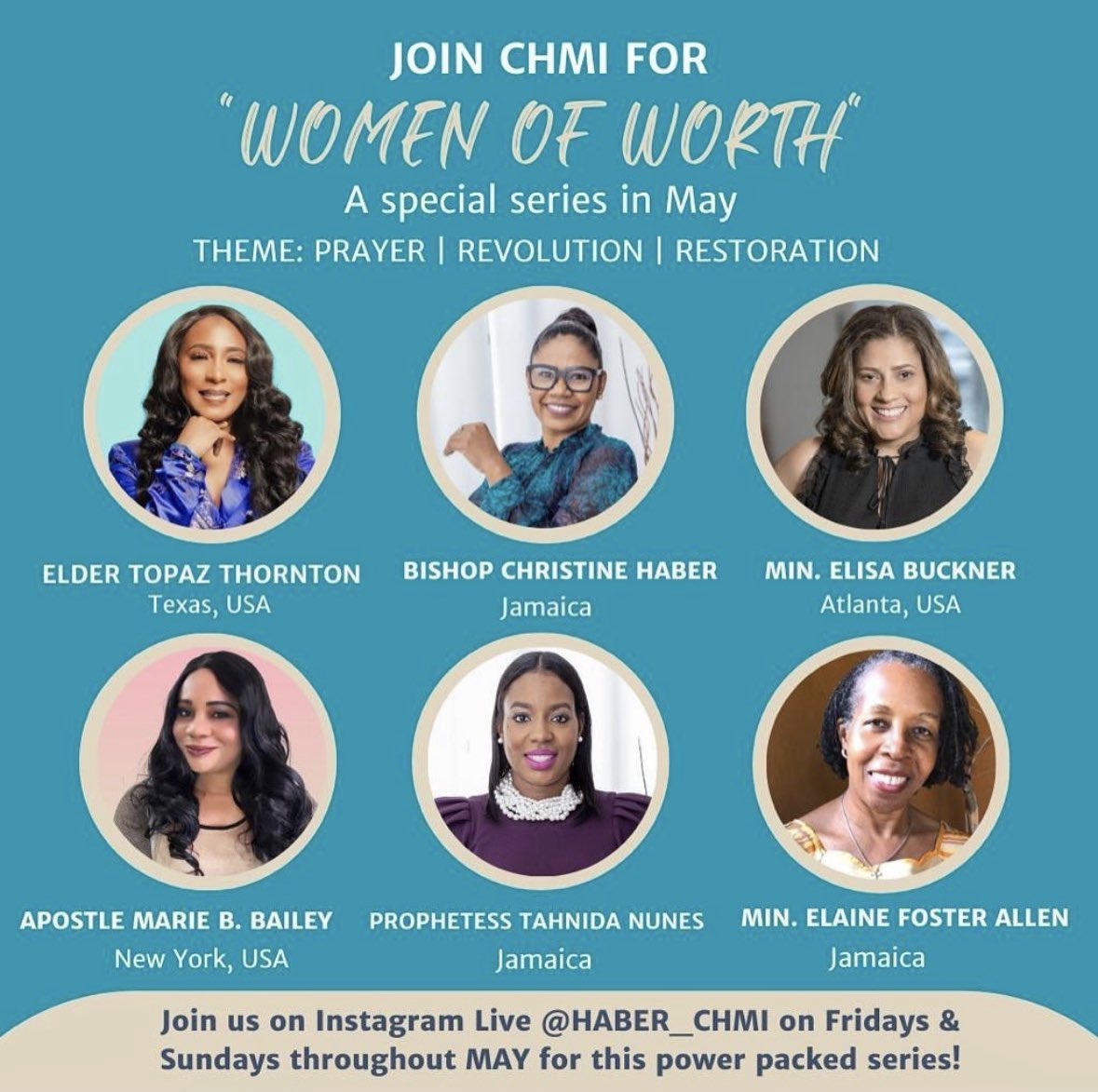 TopazThornton's tweet photo. Join Bishop Haber, CHMI, and me this Friday, May 26th @7pm on Instagram (see flyer) as we continue our WOW-Women of Worth series. It’s been a blessing all month. Don’t miss this powerful time of Prayer, Revolution, &amp; Restoration! Let’s go! #WOW #CHMI #MirrorontheWallMinistries https://t.co/s4wTUlRdcZ