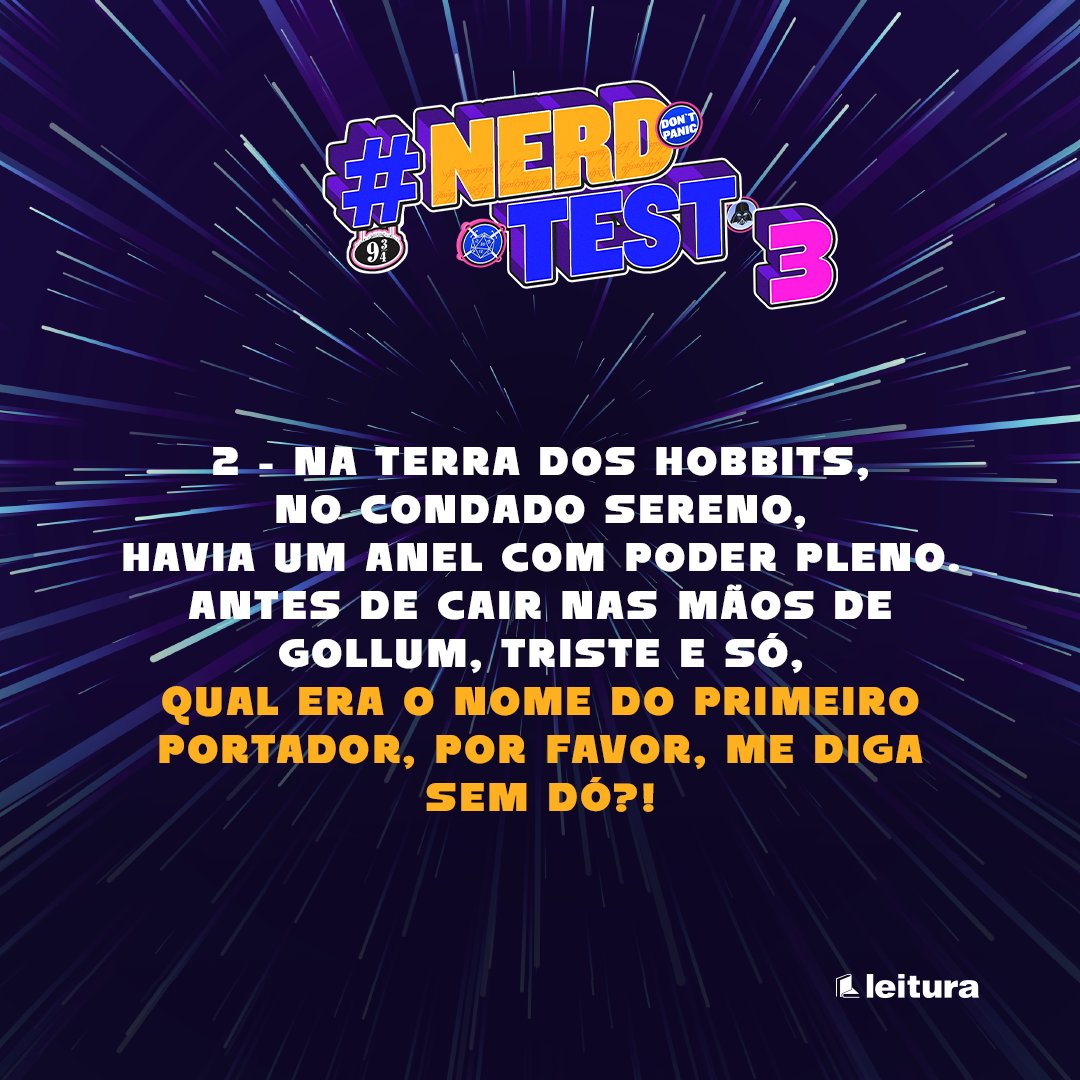 Livrar1aLeitura's tweet photo. (#NerdTest 3) O primeiro que responder as 3 perguntas corretamente leva para casa um prêmio imperdível de O Senhor dos Anéis ❤️!
📷Regras:
*É permitido apenas 1 resposta por usuário.
*O vencedor será divulgado 12:00 do dia seguinte.
#LivrariaLeitura #NerdTestLeitura https://t.co/Db3ot9hdPN