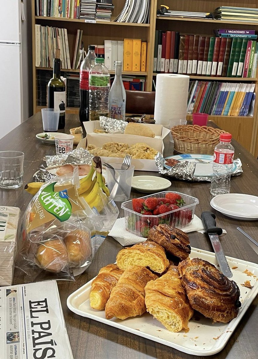 A glimpse into a teacher workroom in Northern Spain. Note not just the tortilla española &amp; croissants, but also the 2 bottles of open wine. Plus, the school day is 9:00-2:00pm. This is the (teacher) life! 😊 <a href="/Rowan_ESL_BE_WL/">Rowan ESL Bilingual World Language</a> #langchat
