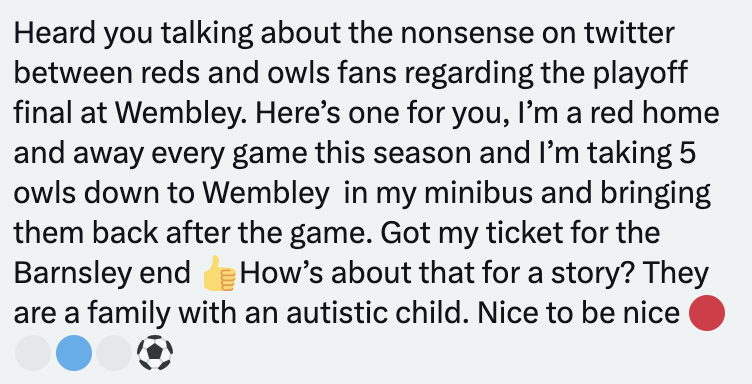 robstaton's tweet photo. Just been sent this by a Barnsley fan @andyclarke76. This is the kind of thing that will make Monday's final special, showing South Yorkshire at its best. If you're doing something similar let me know.

 #SWFC #BarnsleyFC @BBCSheffield https://t.co/2MjSNkjarJ