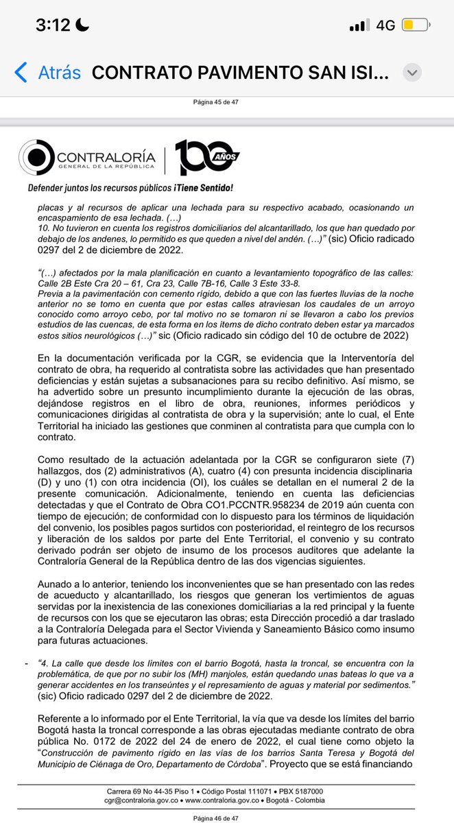 Atención, la <a href="/CGR_Colombia/">Contraloría General de la República de Colombia</a> encuentra 7 hallazgos fiscales en <a href="/AlcaldiacdOro/">Alcaldía De Ciénaga</a> en la ejecución del contrato 0240 que tiene por objeto la construcción de pavimento en el barrio San Isidro de esta ciudad.