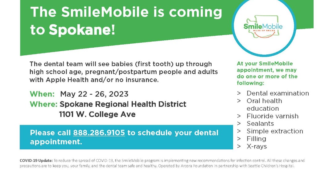 smile_spokane's tweet photo. The SmileMobile is coming to Spokane! The team will see babies through high school age, pregnant/postpartum people and adults with Apple Health or no insurance.

When: May 22 - 26, 2023
Where: 1101 W. College Ave

Please call 888.286.9105 to schedule your dental appointment! https://t.co/gCEdL8djmo