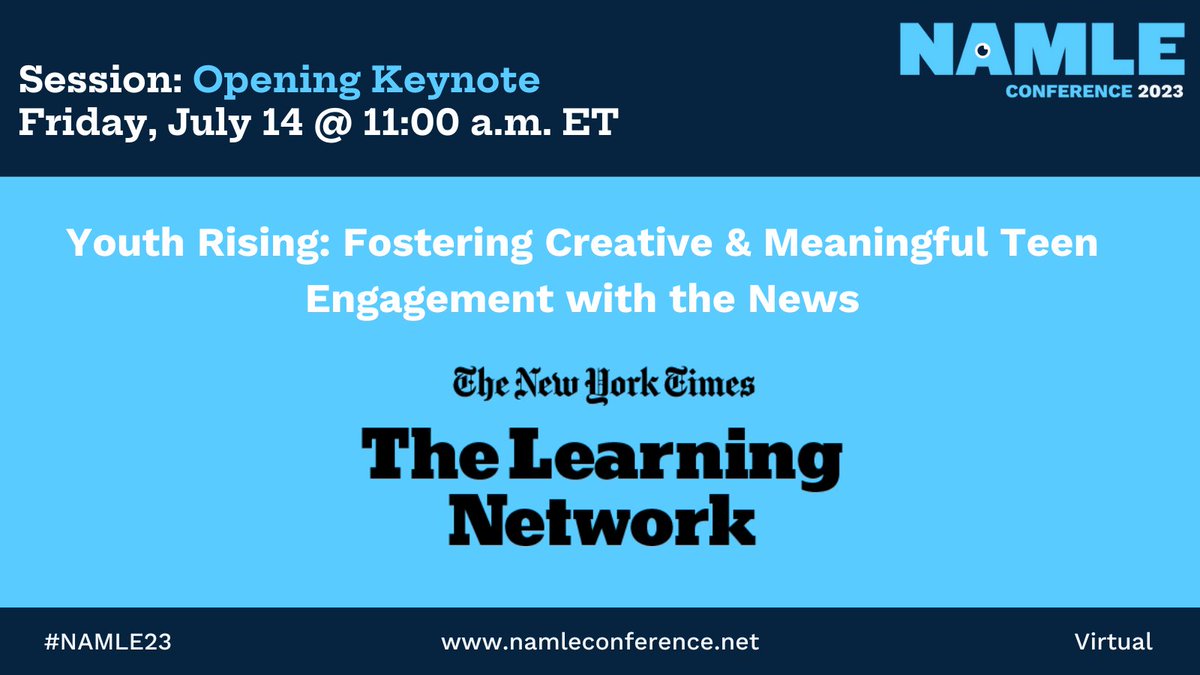In this #NAMLE23 Keynote, <a href="/NYTimesLearning/">NYT Learning Network</a> editor <a href="/KSchulten/">Katherine Schulten</a> is joined by teen winners of their Coming of Age contest. They'll explore ways young people can find themselves &amp; their communities in the news, think critically about coverage &amp; more 👉 tinyurl.com/RegisterNAMLE23
