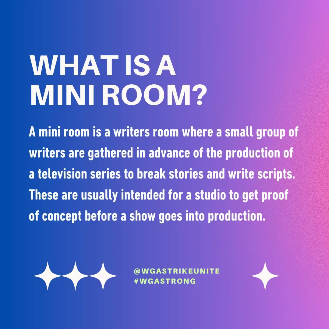 wgastrikeunite's tweet photo. THE MORE YOU KNOW | Mini room culture is booming -- and writers are feeling the squeeze.
#whywestrike #wgastrong #wgastrikeunite #wgaeast #wgawest #unionstrong #miniroom #amptp https://t.co/Om9k4c1H7R