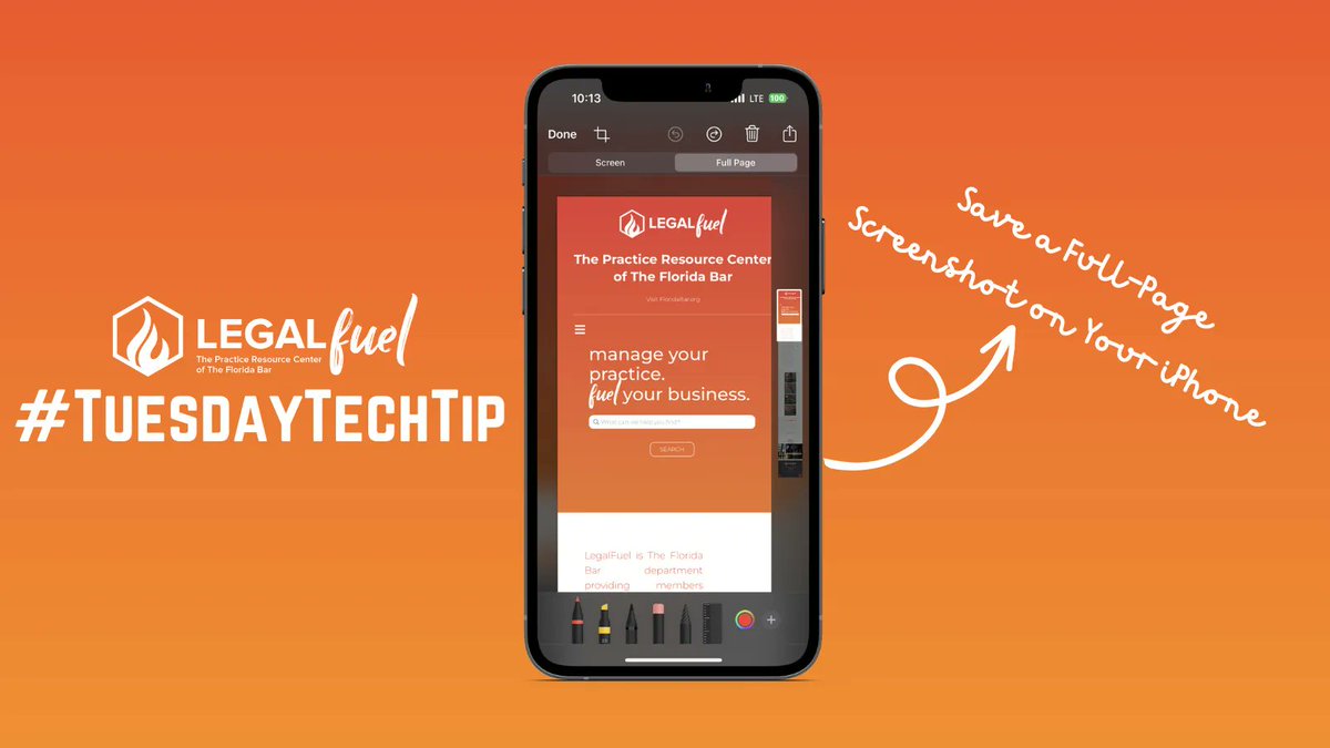 #TuesdayTechTip

Save a full-page or email that exceeds the length of your iPhone as a PDF. To capture, use the power and volume up button as usual, then select the screenshot to open. At the top, select “Full-screen,” “Done,” and then “PDF to Files.”

🔗: buff.ly/41SVpU8