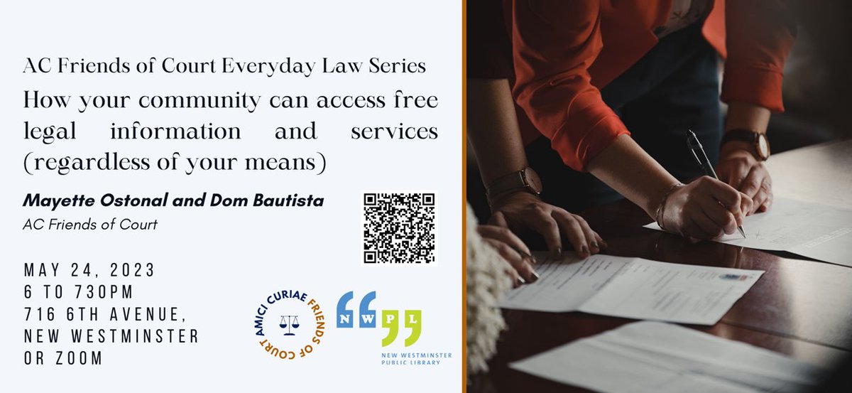 TOMORROW! 6-7:30 PM, Main Branch or Zoom AC Friends of Court presents Everyday Law Series: I want a divorce / My legal options in BC. 1hr English & Punjabi session on how your community can access FREE legal info & services (regardless of your means) 30-minutes Q&A to follow.